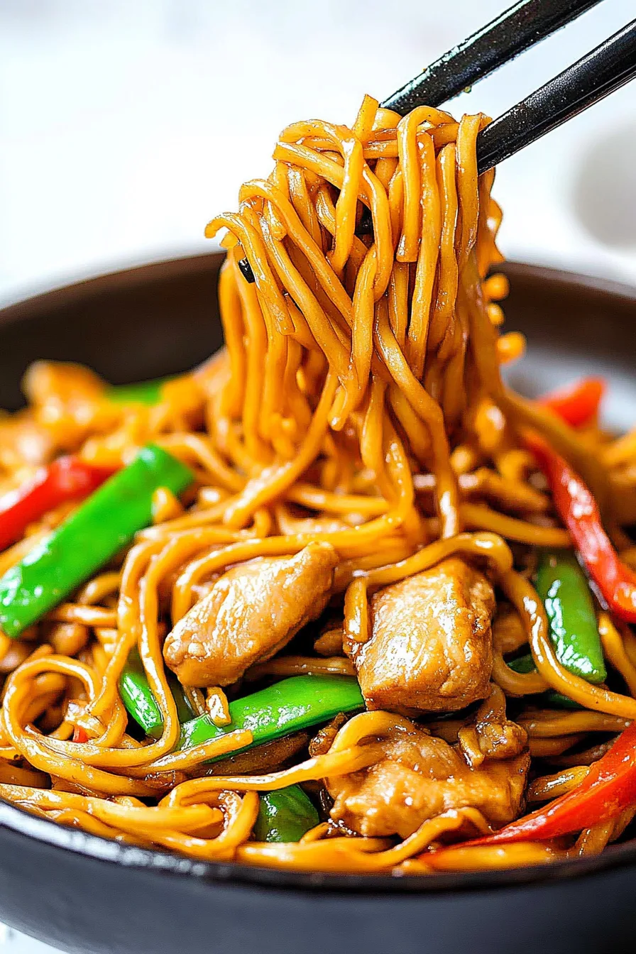 Glossy stirโfried noodles with chicken, peppers, and snow peas