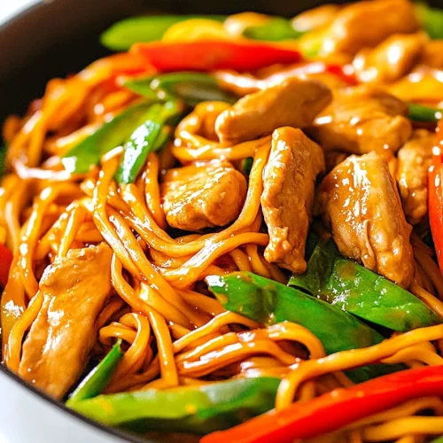 Freshly cooked noodle dish with vibrant red and green accents