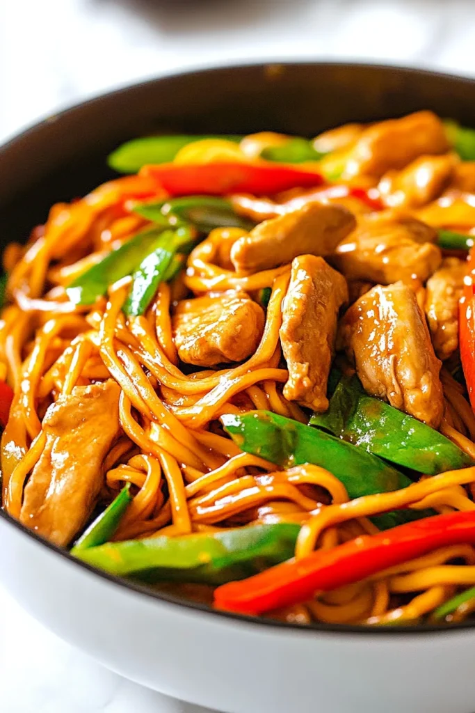 Freshly cooked noodle dish with vibrant red and green accents