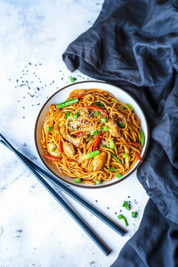 Bowl of tender chicken pieces tossed with golden noodles