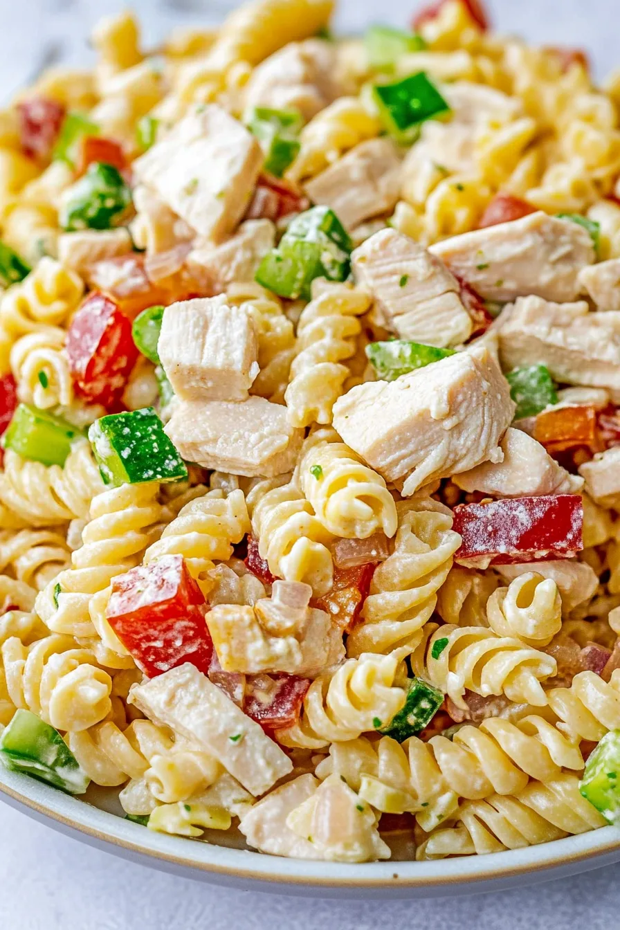 Hearty cold pasta dish featuring creamy-coated noodles and crisp red and green peppers.