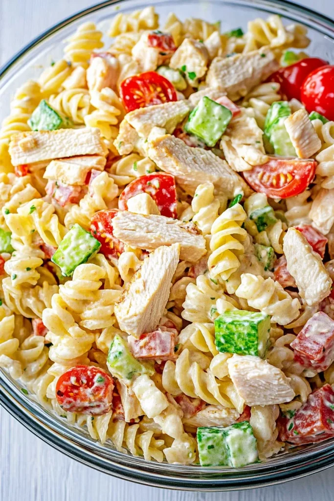Fresh pasta salad highlighting creamy texture and bright contrast of chicken and vegetables.