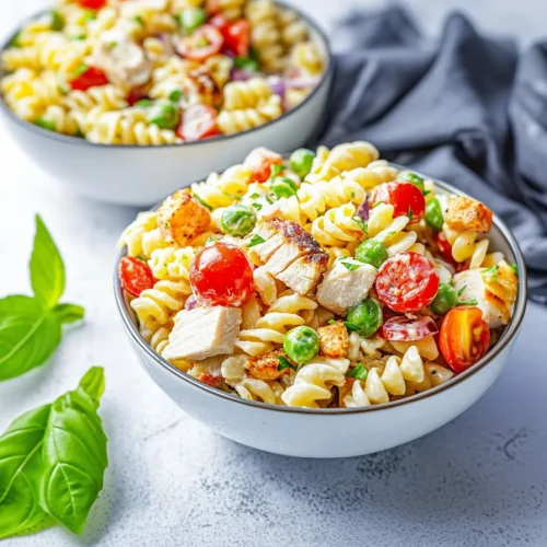 Bowl of rotini pasta tossed with chicken chunks, fresh vegetables, and herbs.
