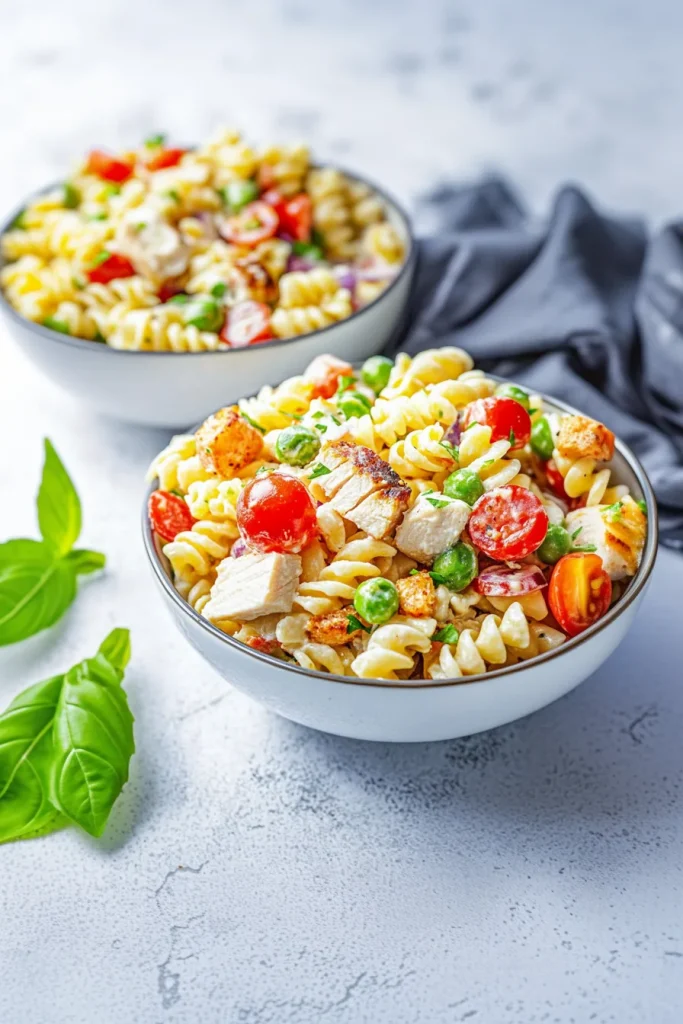 Bowl of rotini pasta tossed with chicken chunks, fresh vegetables, and herbs.
