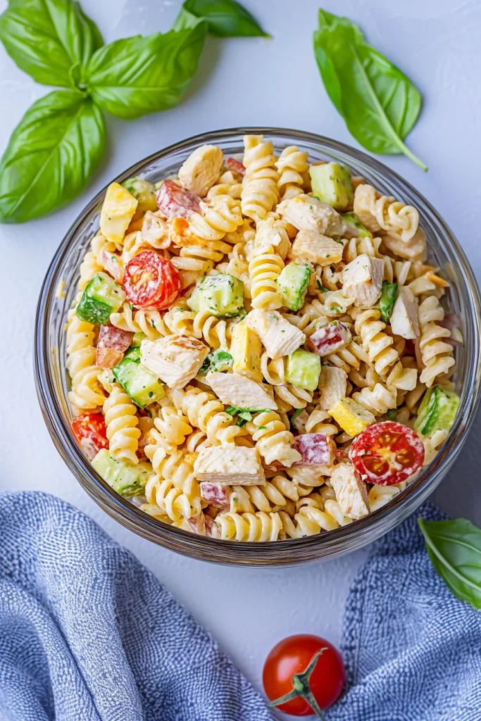 Colorful rotini pasta mixed with diced chicken and fresh bell peppers in creamy dressing.