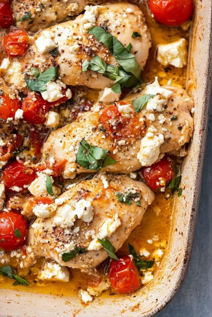 Hearty pasta dish with seasoned chicken, cherry tomatoes, and feta garnish.