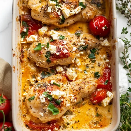 Golden chicken breast served over pasta with roasted tomatoes and feta.