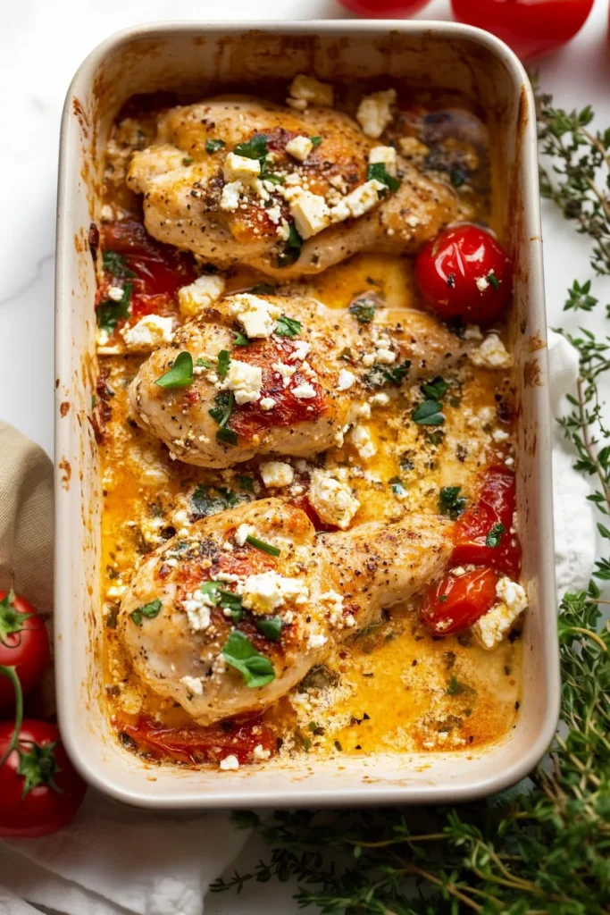 Golden chicken breast served over pasta with roasted tomatoes and feta.