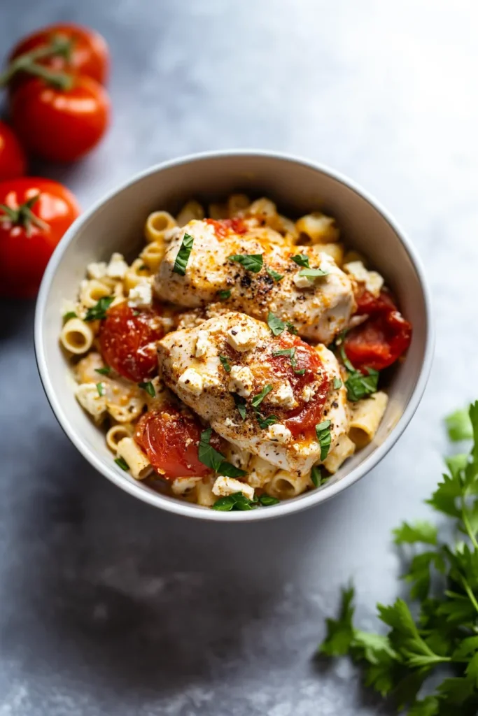 Juicy chicken breast on pasta, finished with herbs and roasted tomatoes.