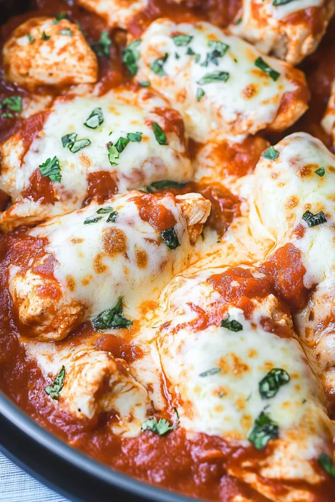 Juicy chicken breast smothered in tomato sauce and melted cheese, finished with basil leaves.