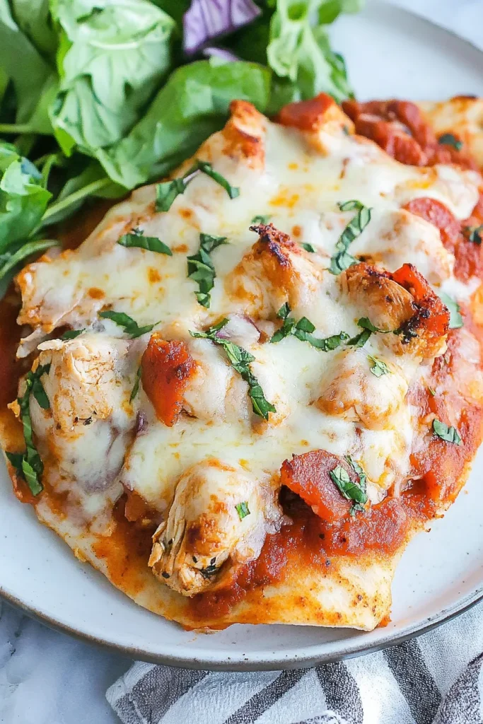 Plated chicken dish with bubbling mozzarella and a sprinkle of herbs.