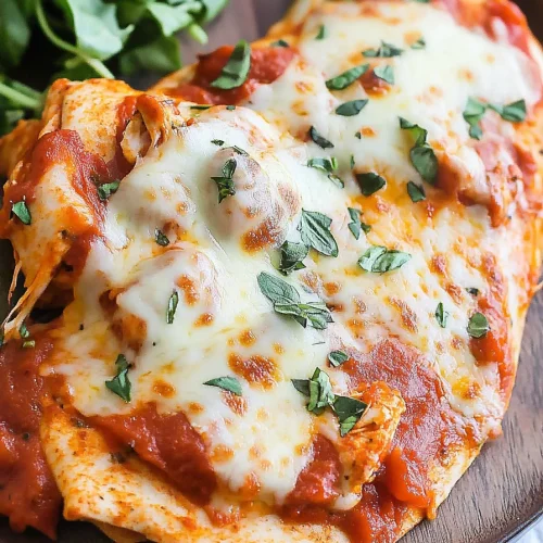 Rustic Italian-style chicken presented with sauce, cheese, and fresh greens on the side.