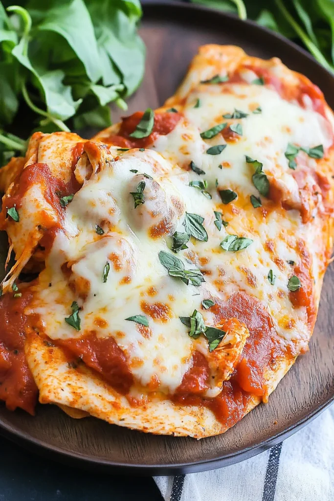 Rustic Italian-style chicken presented with sauce, cheese, and fresh greens on the side.