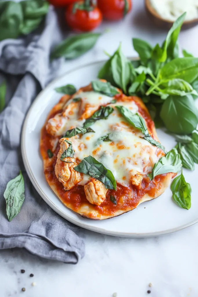 Golden chicken topped with melted mozzarella and rich tomato sauce, garnished with fresh basil.