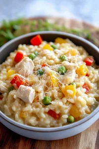 A creamy risotto bowl with chunks of chicken, peas, and colorful bell peppers topped with Parmesan.