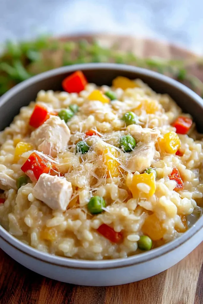 A creamy risotto bowl with chunks of chicken, peas, and colorful bell peppers topped with Parmesan.