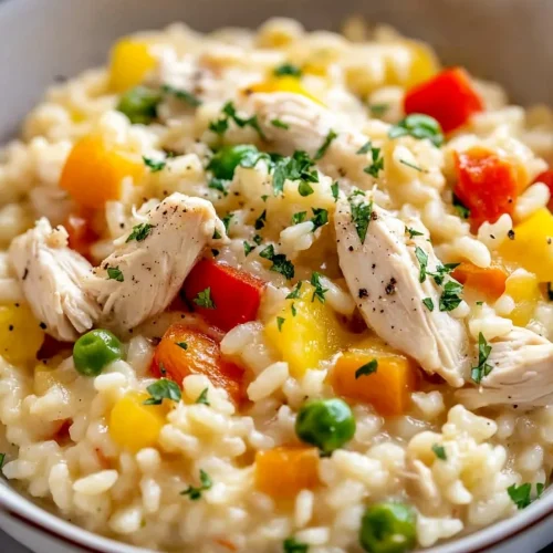 Freshly prepared risotto highlighting vibrant red and yellow peppers, green peas, and melted cheese.