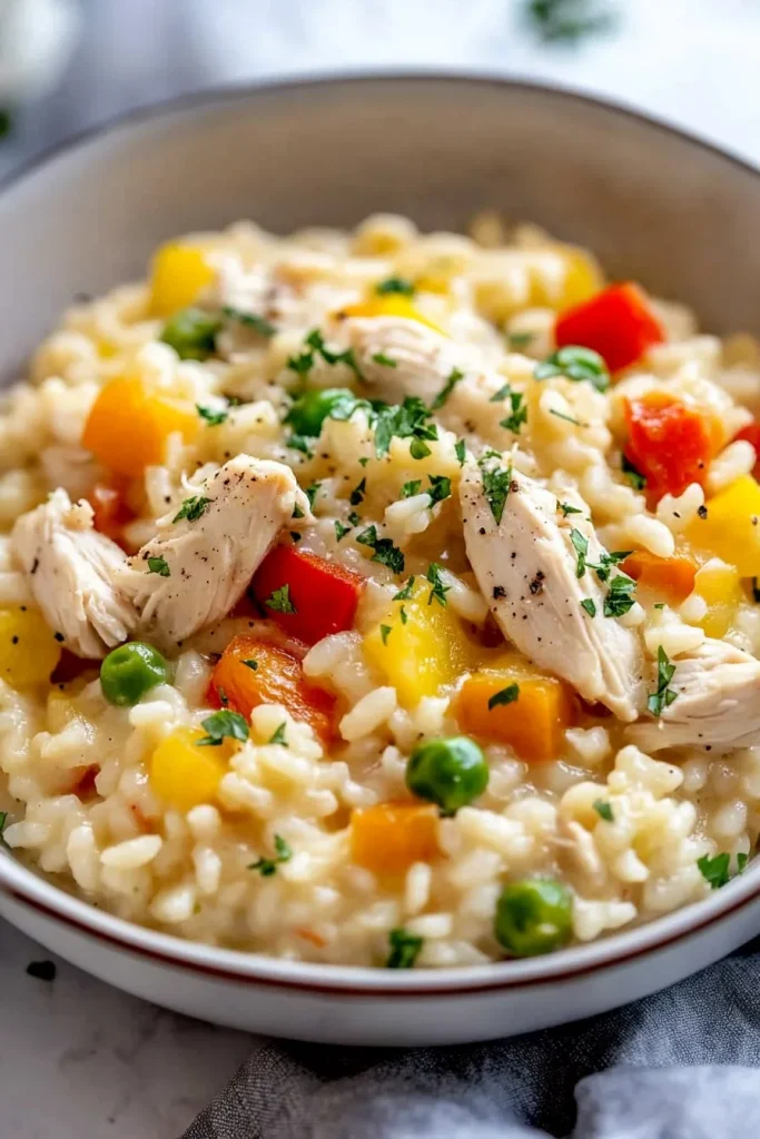 Freshly prepared risotto highlighting vibrant red and yellow peppers, green peas, and melted cheese.