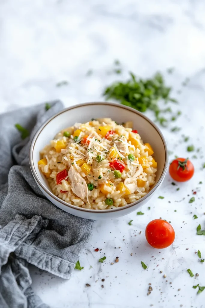 Golden risotto with chicken pieces and vegetables, showcasing its creamy texture and vibrant colors.