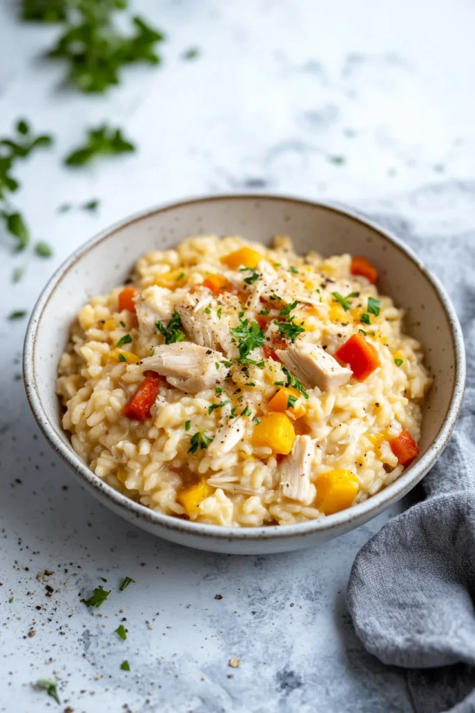 Comforting homemade risotto served in a rustic bowl, garnished with herbs and Parmesan shavings.