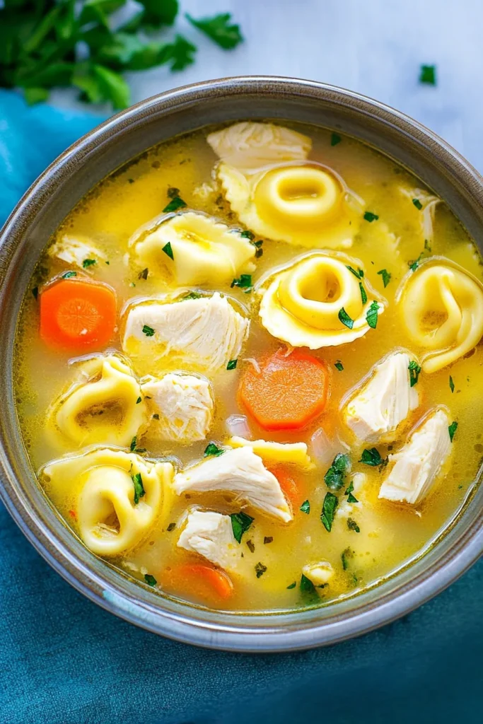 Comforting chicken and pasta soup served in a rustic bowl on a cloth napkin.