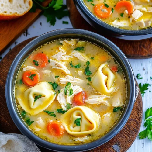 Warm broth with tortellini and carrots, topped with chopped parsley.