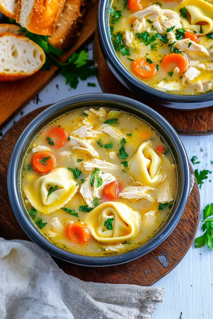 Warm broth with tortellini and carrots, topped with chopped parsley.
