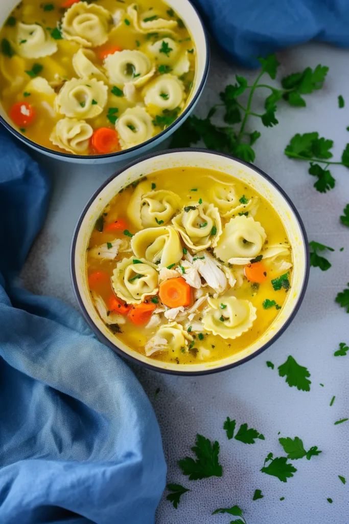Final plated shot of chicken soup highlighting colorful ingredients and rich texture.