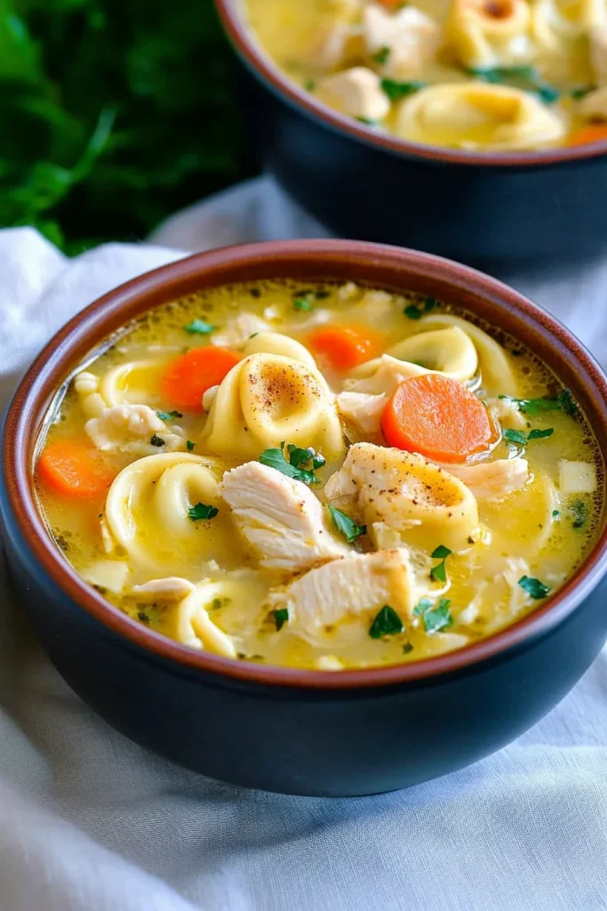 Dark bowl filled with golden broth, tortellini, chicken chunks, and carrots.