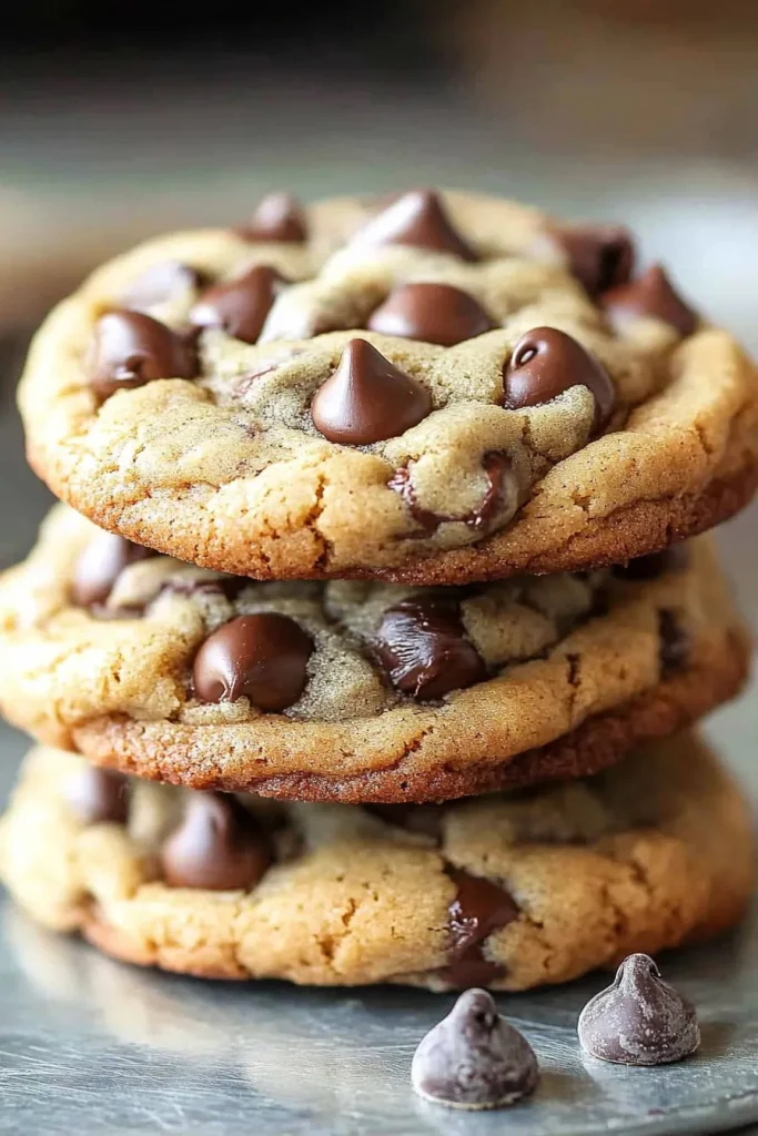 Stack of golden-brown cookies with glossy chocolate chips on top.