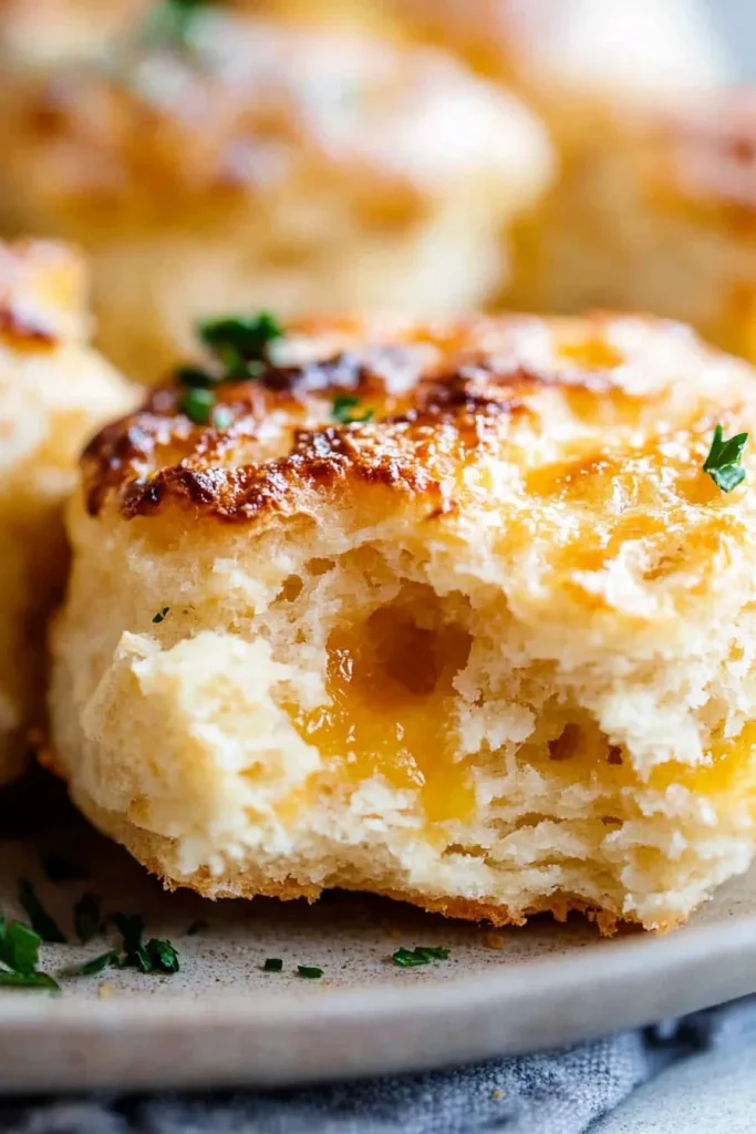 Freshly baked biscuits served in a dish, garnished with chopped herbs.