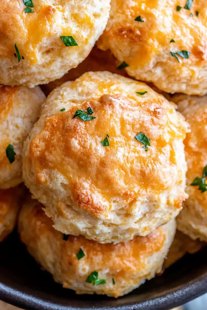 Close-up of flaky, cheesy biscuits with a glossy crust.