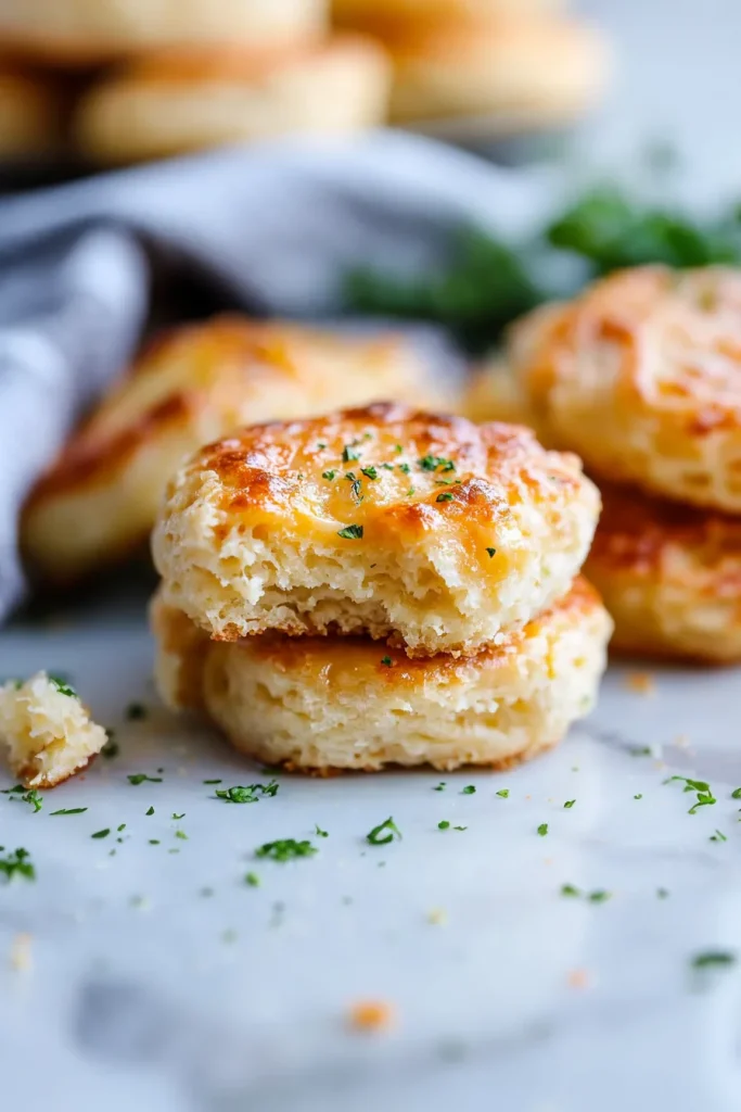 Stack of buttery biscuits showing fluffy interior and melted cheese.