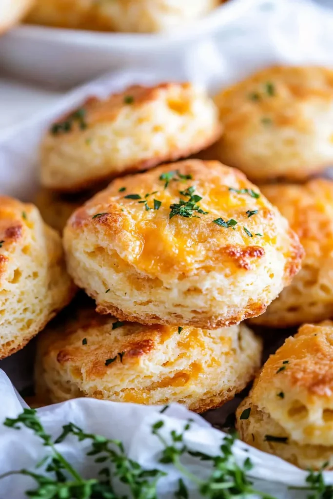 Golden biscuits piled in a basket, topped with fresh parsley.