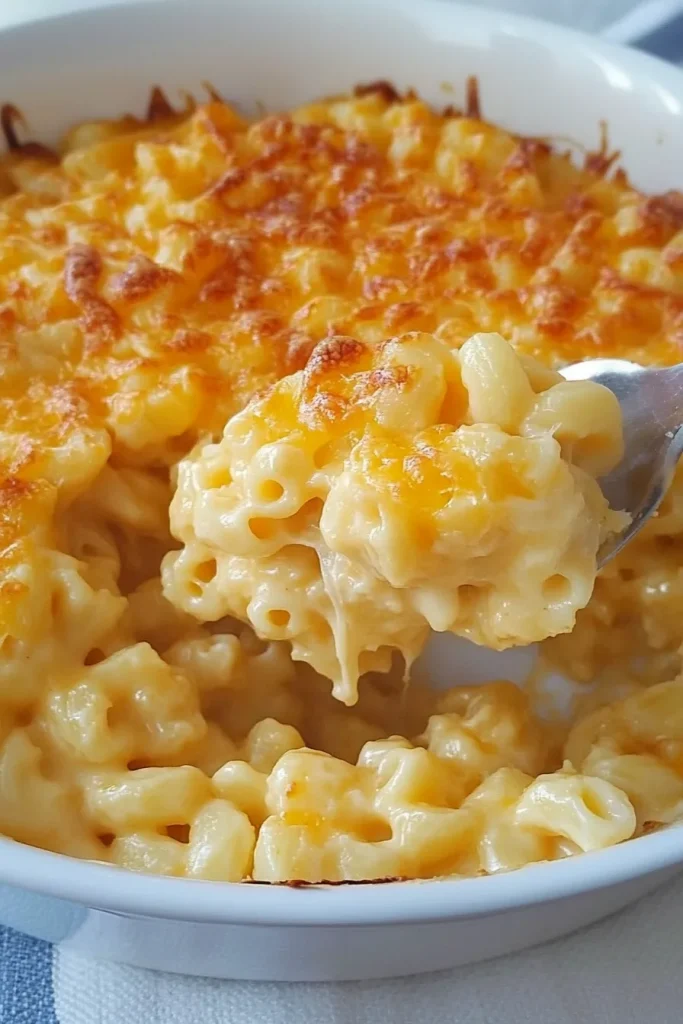 Cheesy baked pasta highlighting the contrast between creamy noodles and crisp topping.