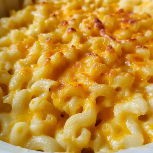 Macaroni coated in rich sauce, finished with a golden crust.