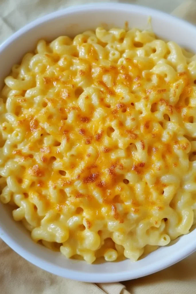 Dish of macaroni and cheese fresh from the oven, with bubbling edges.