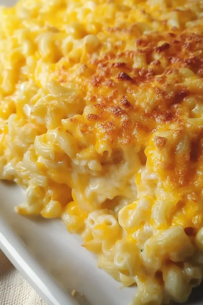 Baked macaroni topped with golden melted cheese in a white dish.