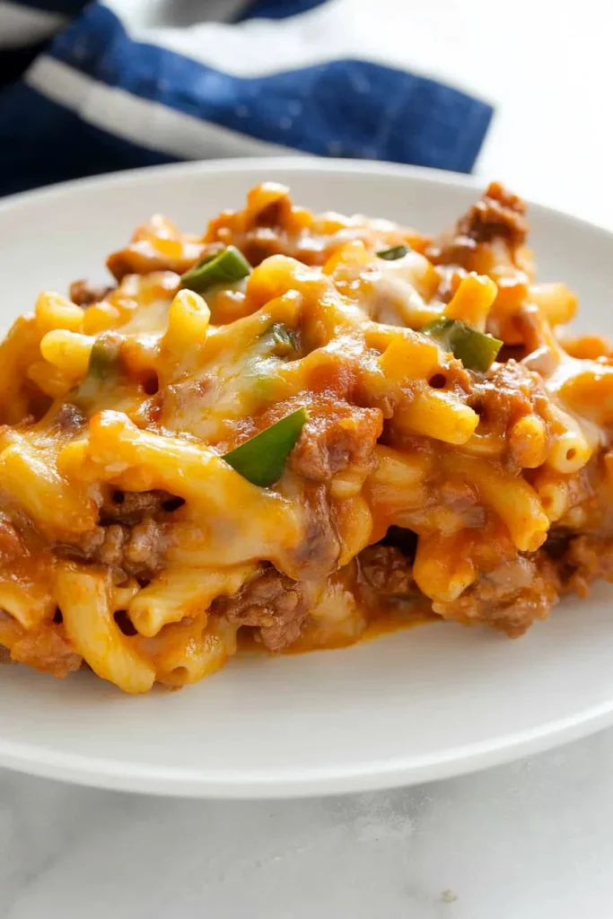 Baked macaroni with golden melted cheese and parsley garnish.