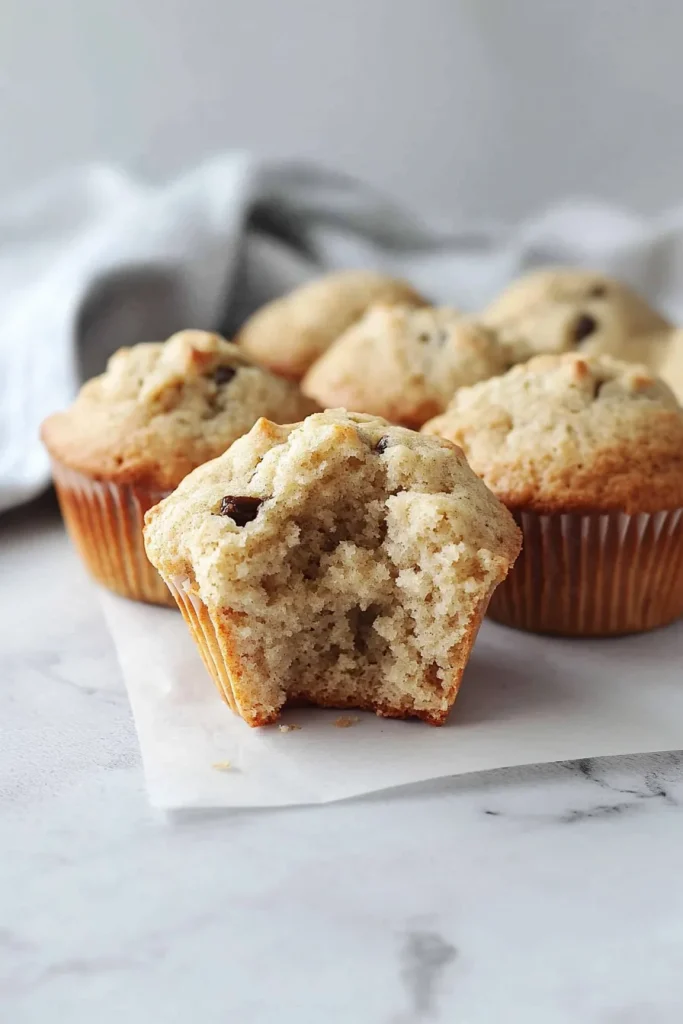 A bitten muffin revealing soft texture and rich filling inside.