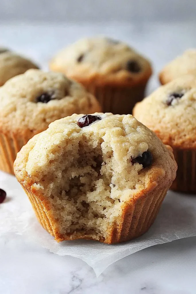 Freshly baked muffins with golden tops, one showing a fluffy interior.