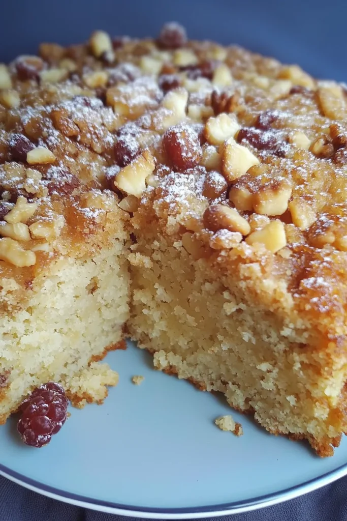A moist slice of cake with golden crust, topped with chopped nuts and raisins on a blue plate.