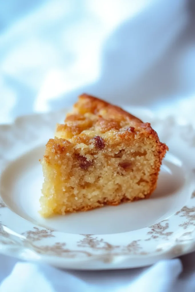 Plated piece of homemade cake with a golden-brown surface and powdered sugar garnish.
