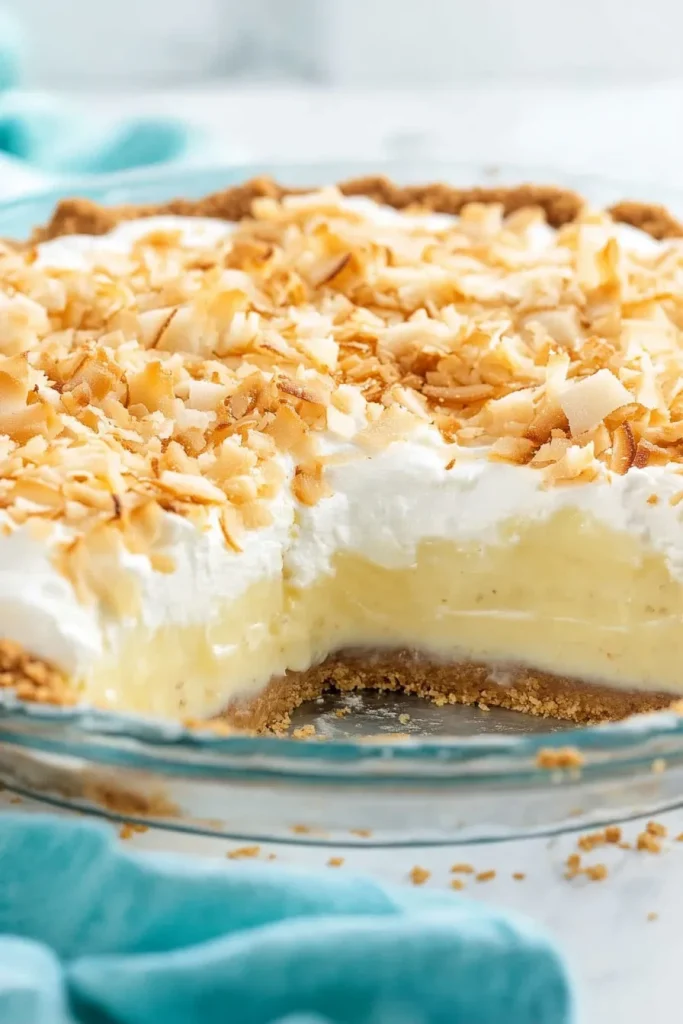 Closeโup of layered pie showing graham crust, smooth filling, and fluffy topping.