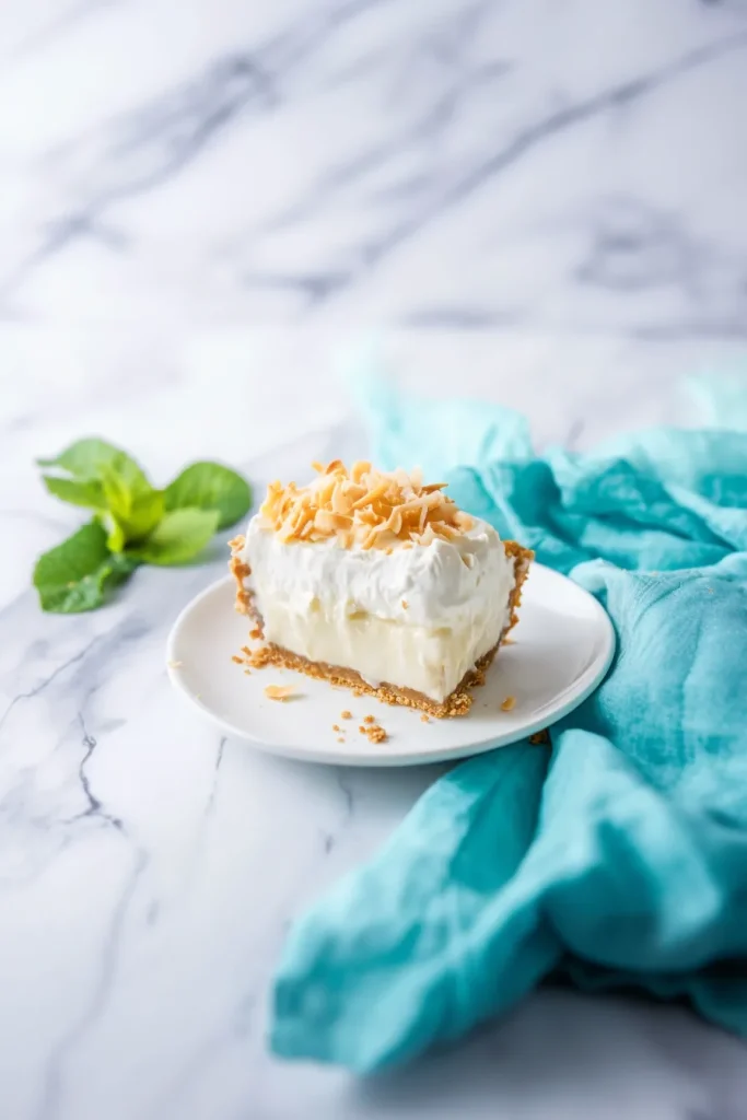 Coconut pie slice highlighting the crumbly crust and thick creamy center.