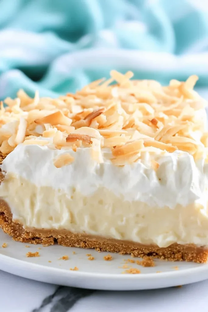 Slice of pie with creamy coconut filling, topped with whipped cream and toasted flakes.