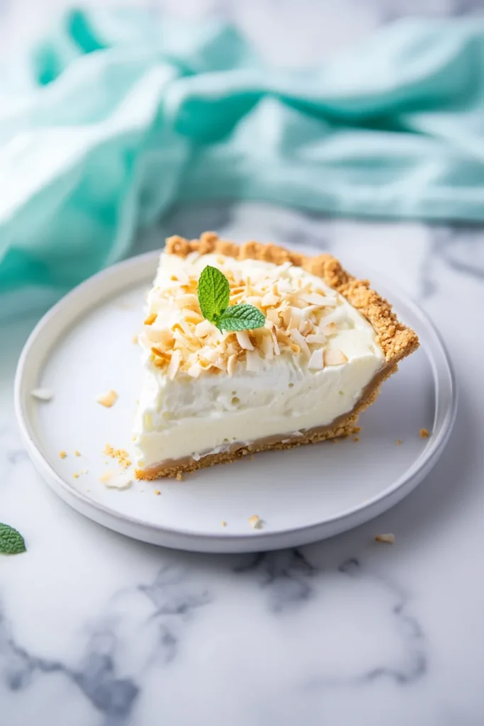 Dessert slice styled with golden toasted coconut sprinkled generously on top.