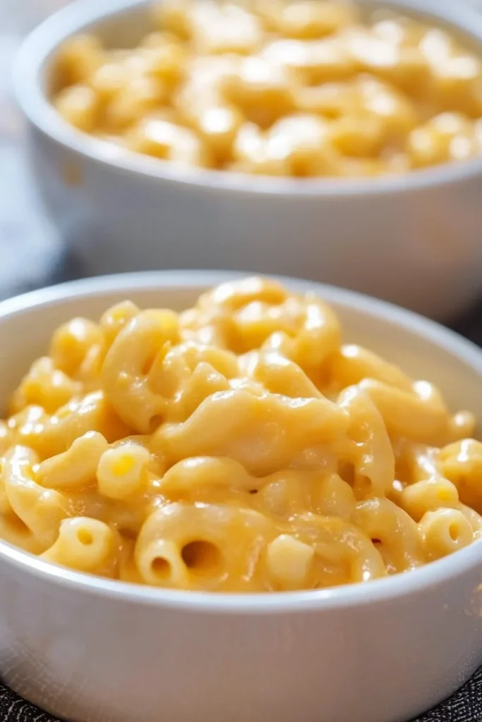 Final serving of baked macaroni and cheese, its creamy texture highlighted against a simple backdrop.