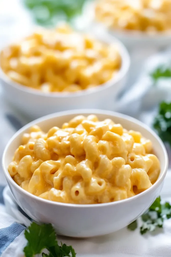 Comfort food captured in a bowl: tender pasta swirled in velvety cheese, ready to eat.
