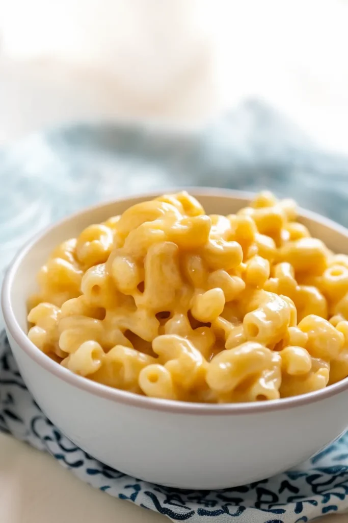 A white bowl filled with creamy macaroni coated in golden cheese sauce, resting on a patterned cloth.
